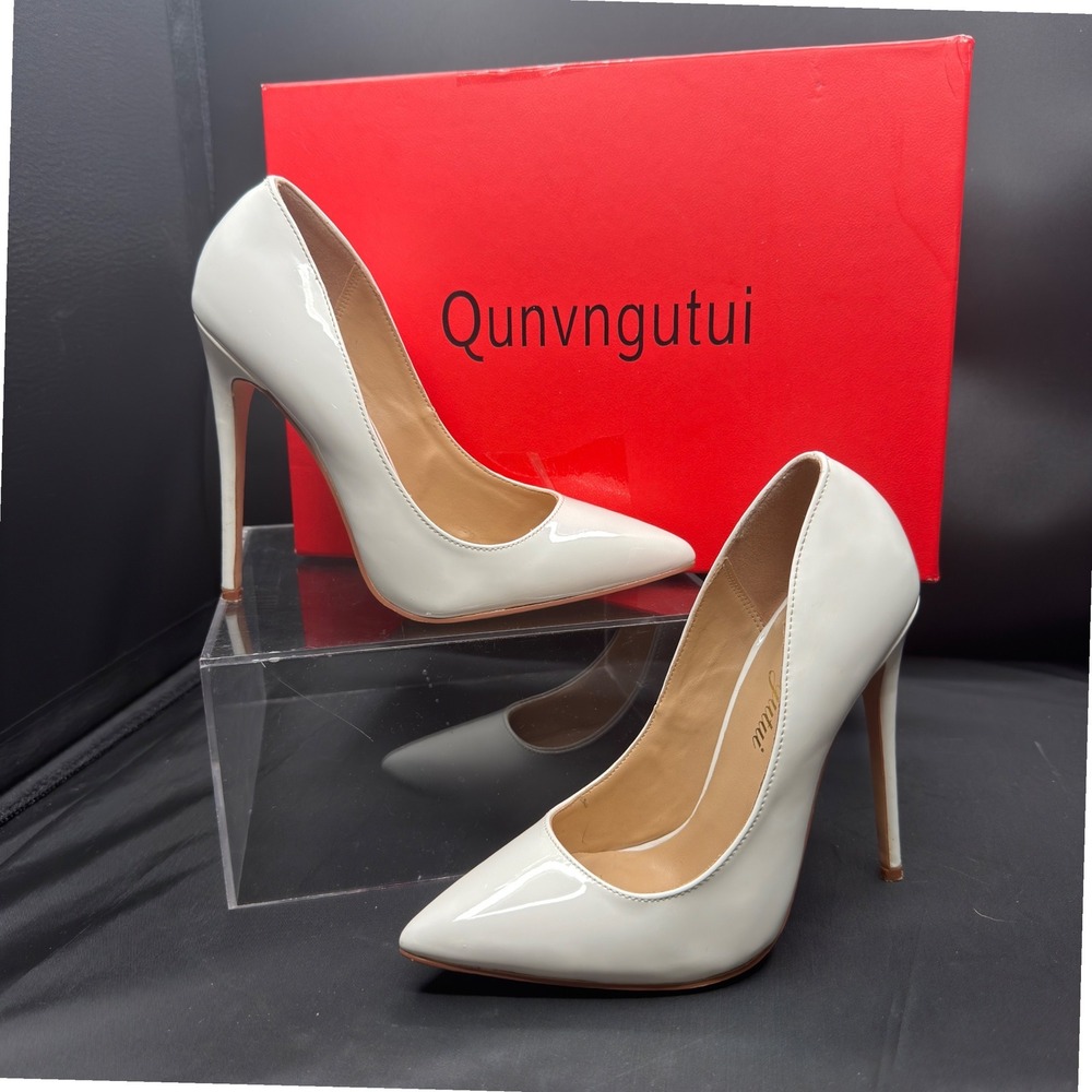 Qunvngutui Cream White Patent Pointed Toe Stiletto Pumps High Heels Size 5